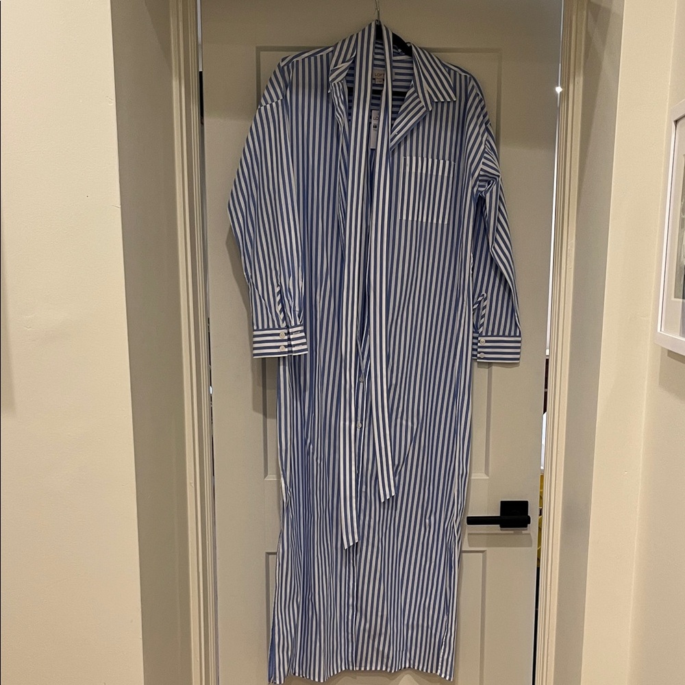 Blue and White Striped Belted Long Shirt Dress